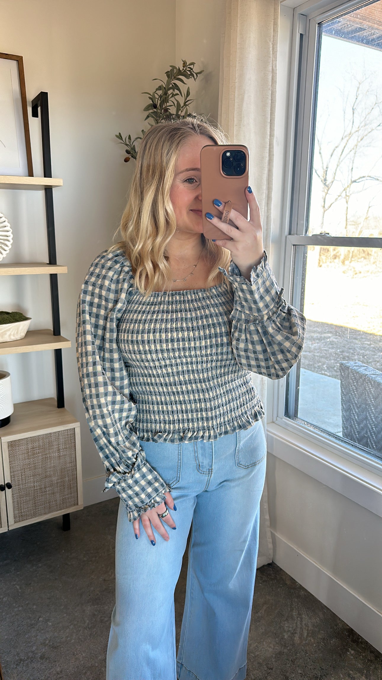 Dusty Blue Check Top